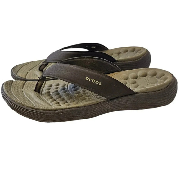 Crocs Mens Reviva Flip Flops Size 9 Brown Slip On Thongs Comfort - Picture 8 of 9